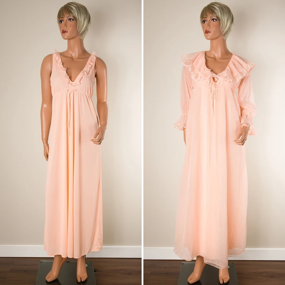 💖 VTG PANDORA Lingerie Peignoir Gown Set Melon Nylon Double Chiffon Ruffle P - Image 4 of 4