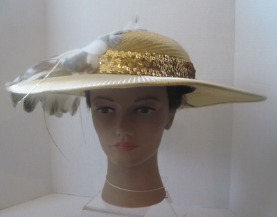 Gold Wide Brim Church Derby Easter Lace Sequin Pearl Dress Hat Rhinestone Church/Dress Indiana Women main image 4