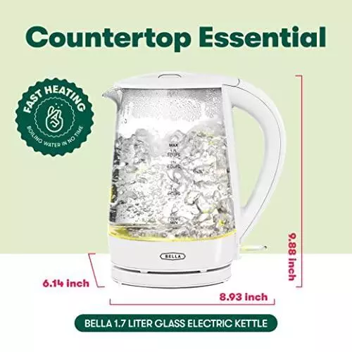 Bella 1.7 Liter Glass Electric Kettle, Quickly Boil 7 Cups of Water in 6-7 Minutes, Soft Yellow LED Lights Illuminate While Boiling, Cordless