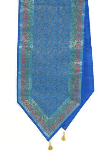 Turquoise Blue Indian Banarasi Silk Brocade Paisley Table Runner Dining Cloth - Afbeelding 1 van 3