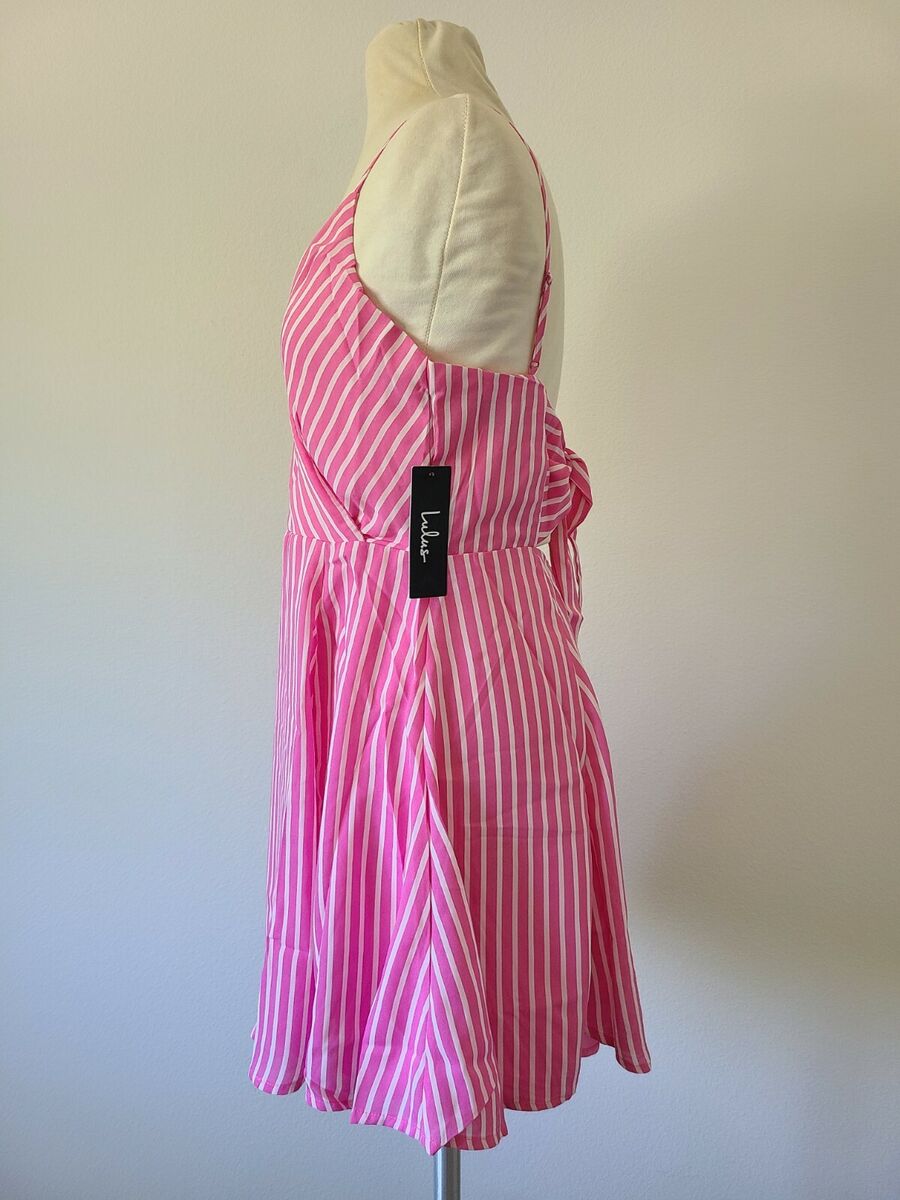 Lulu's _ Chiffon Back ribbon tie spaghetti strap Pink Stripe V