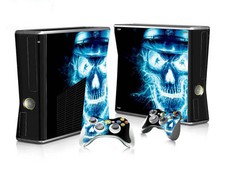 Xbox 360 Slim Skin Design Foils Sticker Screen Protector Set - Blue Skull Motif