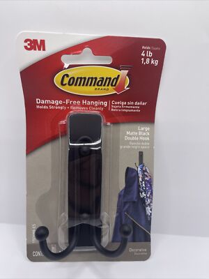 NEW 3M Damage-Free Matte Black Command Double Hook Large 4 lbs. Capacity