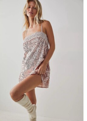 New Free  People That Girl Sequin Slip Mini Dress Pink Nectar Size M Retail $98