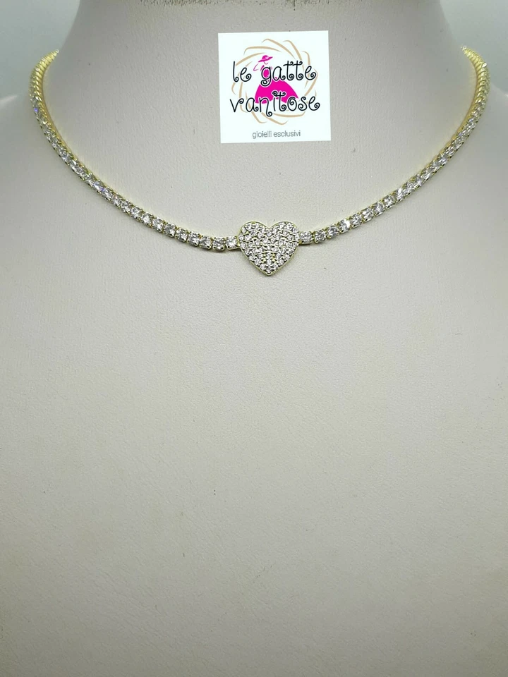 choker collana donna in Argento 925 dorato cuore zirconi bianchi. collana tenni - Immagine 3 di 4