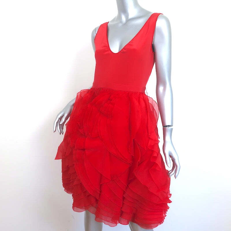 Vestido Zac Posen Sin Mangas Rojo Elástico Seda y Organza en Capas Talla 6 Foto 2 de 4