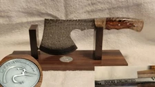 2025 L/E Ducks Unlimited Damascus Axe Hatchet W/ Wooden Stand & Leather Sheath 
