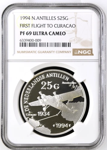 1994 Netherlands Antilles S25G Gulden First Flight To Curaçao Silver NGC PF 69UC