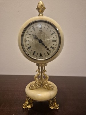 Xavier London Marmor Onyx Kaminuhr Delfinsockel vergoldet Vintage schwer