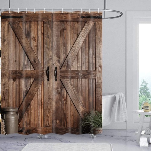 Rustic Barn Door Shower Curtain Set for Bathroom, Farmhouse Arts Bathroom Dec...