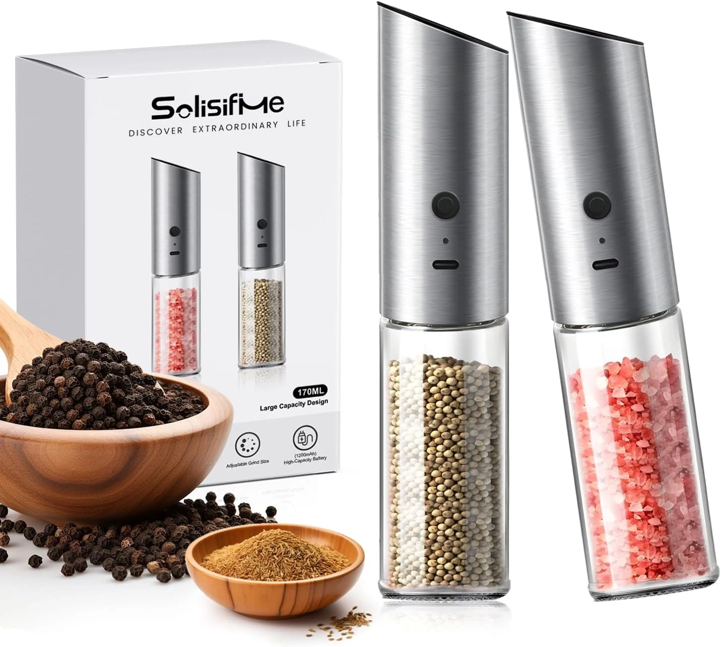Gravity Electric Salt and Pepper Grinder Set, USB Rechargeable Stainless Steel M
