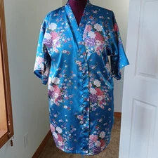 Blue Floral Satin Robe M short sleeves inner ribbon ties pink purple midi