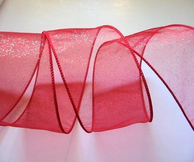 2-1/2'' Sheer Red Glittery Ribbon - Wired Edge - 5 Yards Wreath Bows Holiday