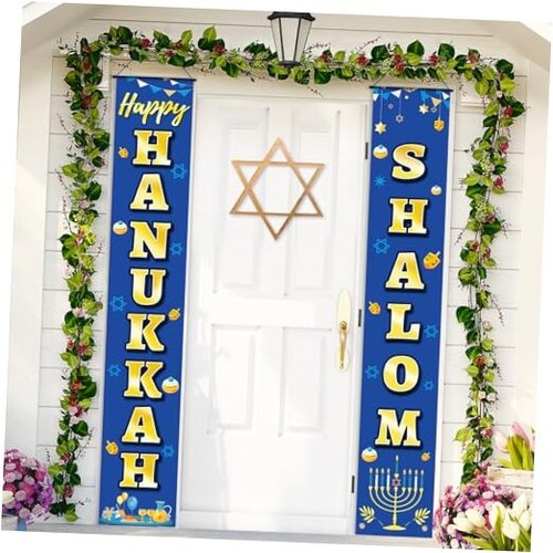 Happy Hanukkah Decoration Hanukkah Door Banner Porch Signs Welcome Banner Blue - Picture 1 of 8