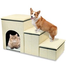 Fhiny Dog Stairs with Storage, 3-Steps Foldable Pet Stairs for Small Dogs Non...