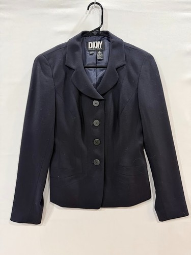 DKNY, DKNY Wool Blazer Jacket Womens 2 Navy Blue Four Button Tailored Lined Vintage