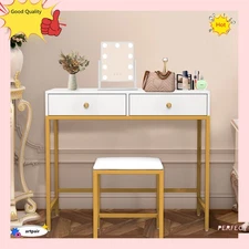Small 2 Drawers Dressing Desk Vanity Makeup Table In White and Rose Rold Set US