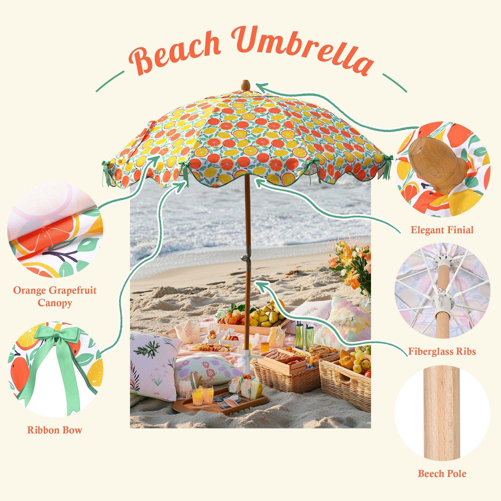 LAGarden Our Beach Umbrella Beech Wood Pole w/ Tablecloth Orange Grapefruit