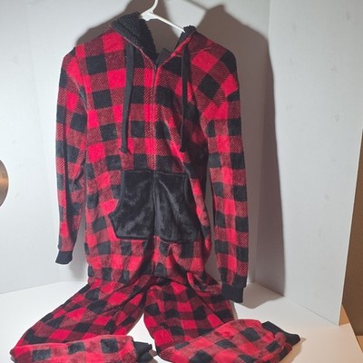 Holiday Time Women's Red Black Plaid Fleece Hooded One Piece Pajama M