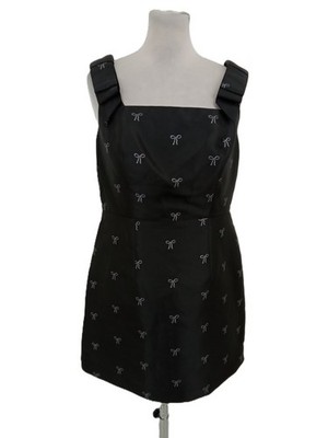 M&S Women's Mini Waisted Dress Black Mix Sparkle Bow Square Neck Zip New