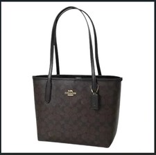 COACH CU759 Small City Tote Signature Coated Canvas Black Brown Outlet New