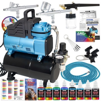 Master Airbrush Super Cool Runner Dual Fan Air Compressor Tank 3 Airbrush 6Paint