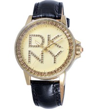 DKNY BLACK LEATHER STRAP+GOLD+LOGO CRYSTALS DIAL WATCH-NY4789