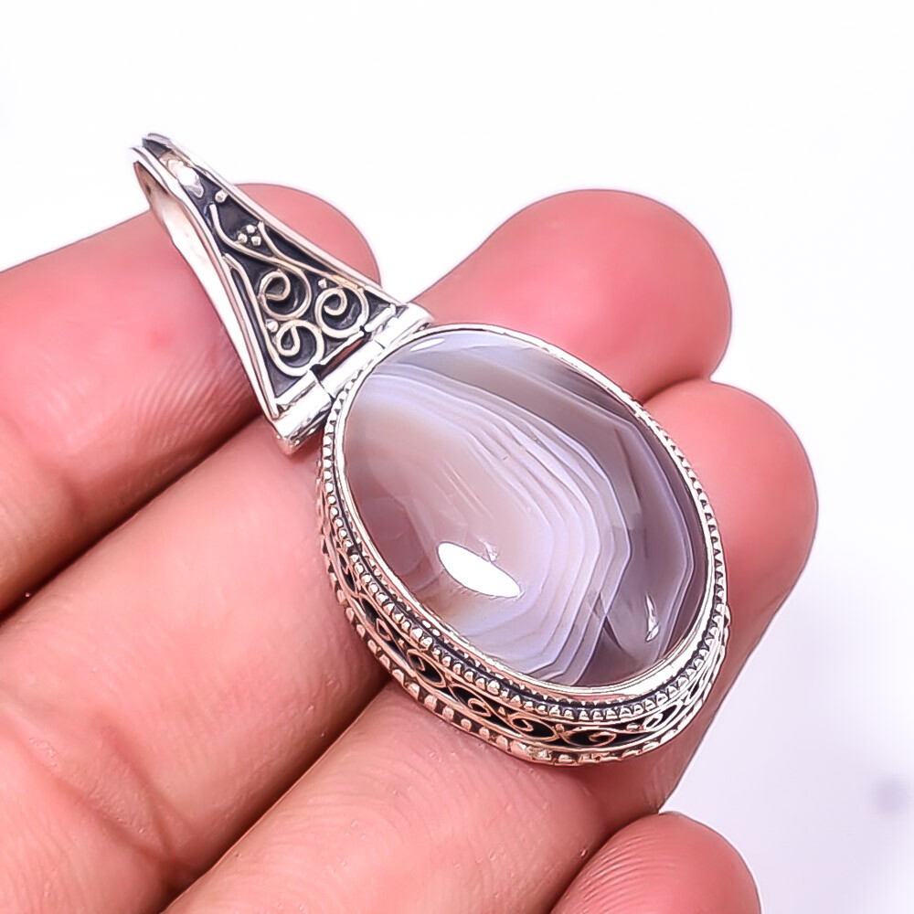 Botswana Agate Sterling Silver Pendant 1.95 Inch Fine Art Jewelry