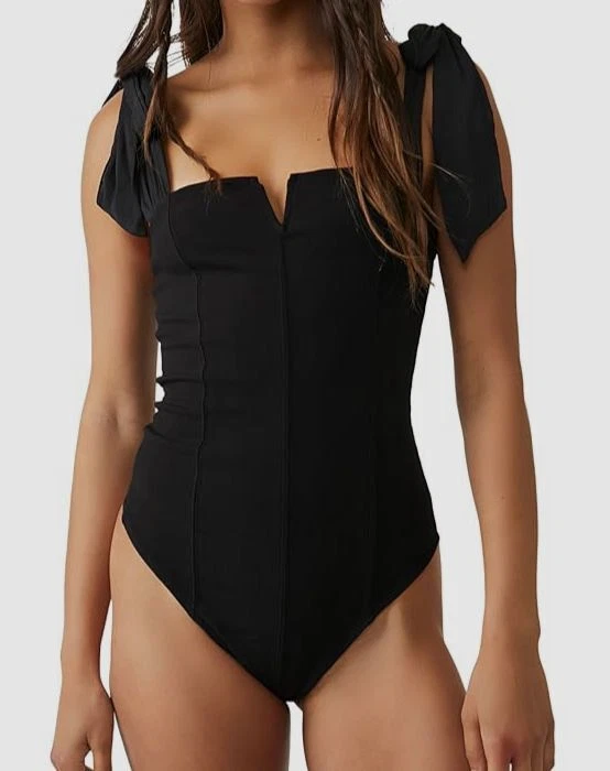 $68 Intimately by Free People Women's Black Lola Shoulder Tie Bodysuit Size  XS