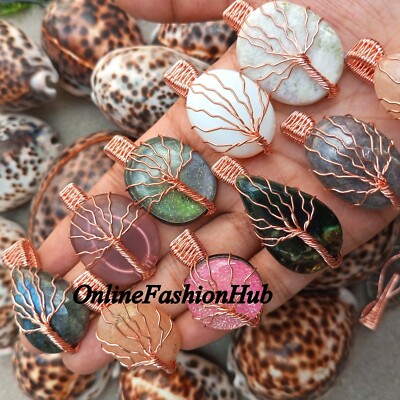 Agate & Mix Gemstone Tree Of Life Rose Gold Plated Handmade Tree Pendant Lot
