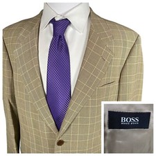 Vintage HUGO BOSS Sport Coat 42R Glen Plaid Galilei Rayon Wool Nylon Wheat Grey