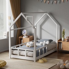 Wooden Bed Frame Treehouse Single Sleeper Bed w/Slatted Guardrail Kids Childrens