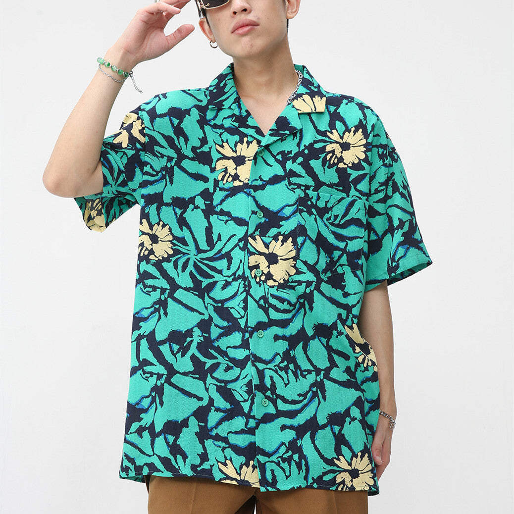 Floral Tie-Dye Short Sleeve Shirt for Men in Blue and Green - Loose Fit Summer W