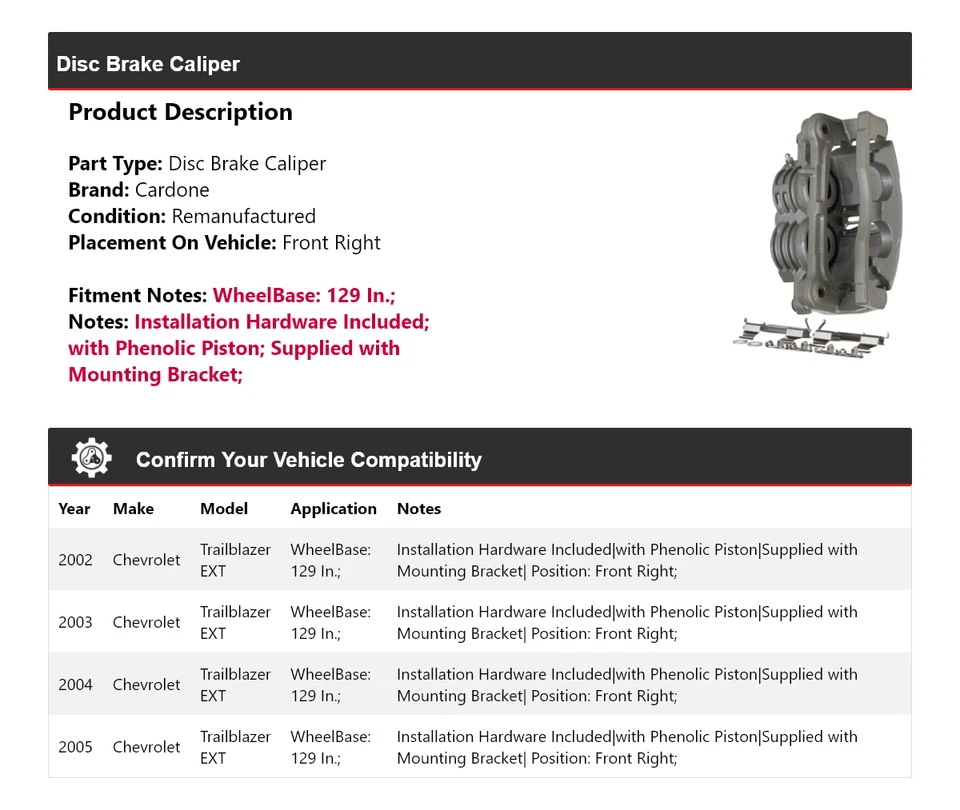 Pinza de freno de disco delantera derecha Cardone para Chevrolet Trailblazer EXT 2002-2005 Foto 2 de 4