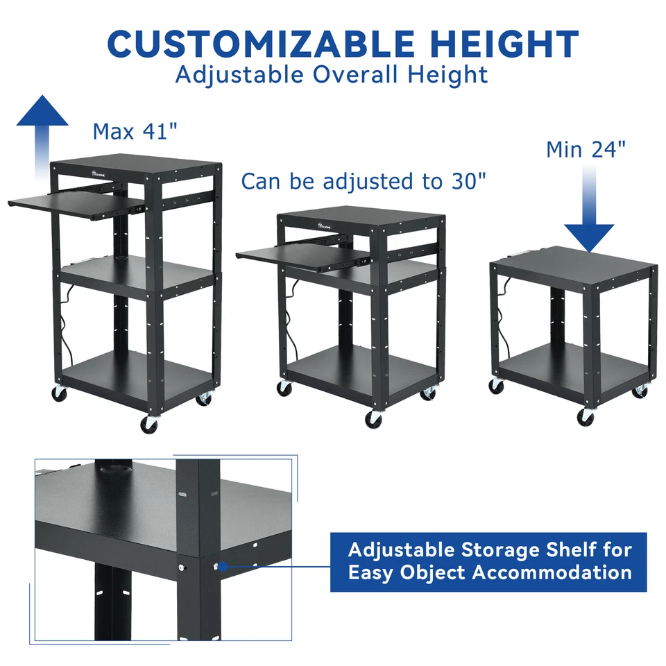 41'' 3-layers Media Laptop Computer AV Cart Tabel w/ Power Strip Office Room - Image 3 of 4
