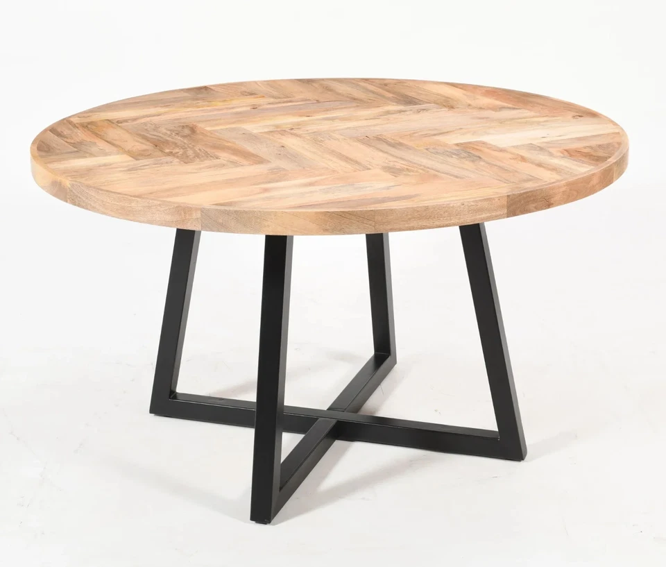 Round Solid Mango Wood Dining Table, Herringbone Design - 140cms with Metal Legs - Image 3 of 4