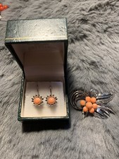 Koralle brosche und Ohrringe mit silber