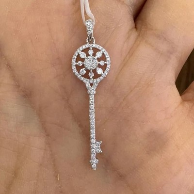 0.32Ct Round Cut Tester Pass Moissanite Women Key Pendant 14K White Gold Plated