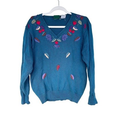 VTG 90s Northern Reflections Teal V Neck Embroidered Fruit Leaf Sweater Women