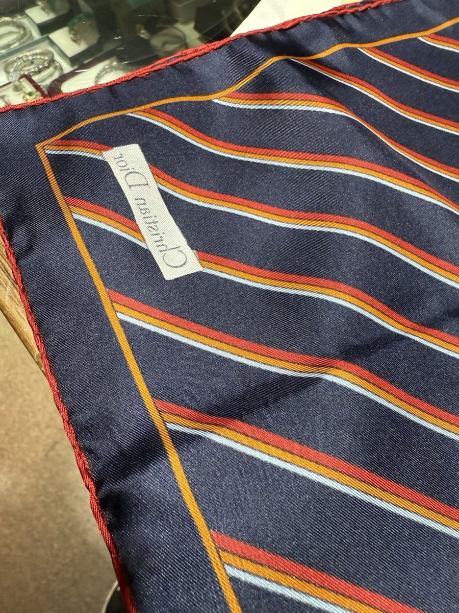 Christian Dior Silk Scarf Blue Red Stripped Hand-Rolled Vintage