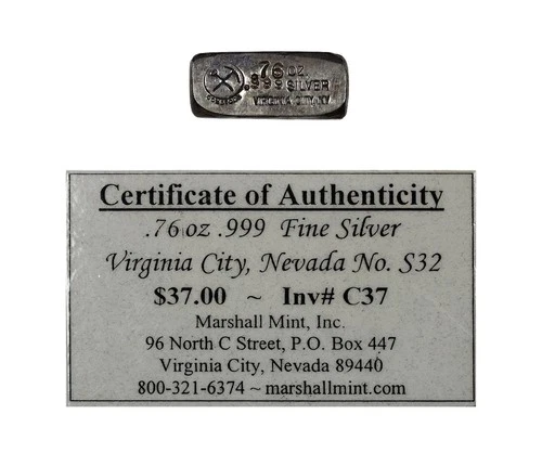 Marshall Mint Comstock Virginia City, Nevada 0.76 oz .999 Fine Silver Bar #S32