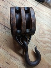 Vintage Wood & Cast Iron Double Pulley Industrial Steampunk Decor 12.5” L