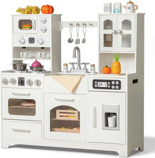 Wooden Play Kitchen for Toddlers and Kids with Lights Sounds, Large Interactiv