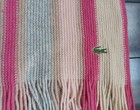 Vintage Lacoste 100% Wool Fringe Scarf, Pink Grey Tan Stripes, Crocodile Logo — photo 3