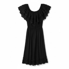Black Off Shoulder Crochet Lace Trim Midi Dress Cottage Boho M