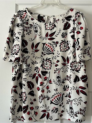 Talbots Cream Floral-Print Short Sleeve Blouse - Black & Red Motif