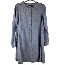 TAHARI Blue 100% Linen Midi 1/4 Button Shirt Dress M Mother Of Pearl Coastal 