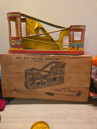 1950’s J. Chein Tin Mechanical Windup Roller Coaster Toy, For Parts W/ OG BOX