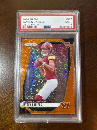 113818754 JAYDEN DANIELS 2024 Panini Prizm 347 Orange Disco RC PSA 9