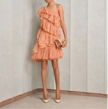 ULLA JOHNSON Leonie Salmon Pink Ruffle Silk Chiffon One Shoulder Mini Dress 6